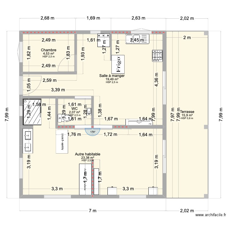 plan maison 9x8_2pentes. Plan de 5 pièces et 65 m2