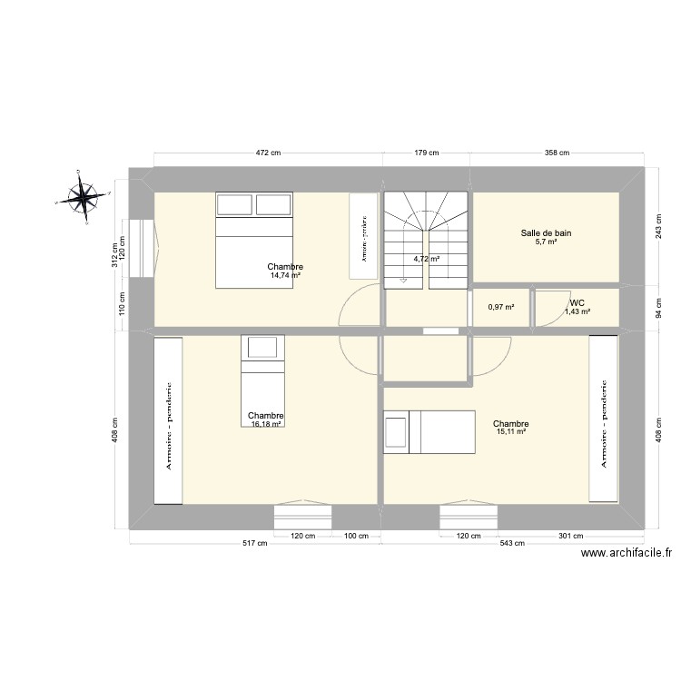 Plan étage. Plan de 7 pièces et 59 m2