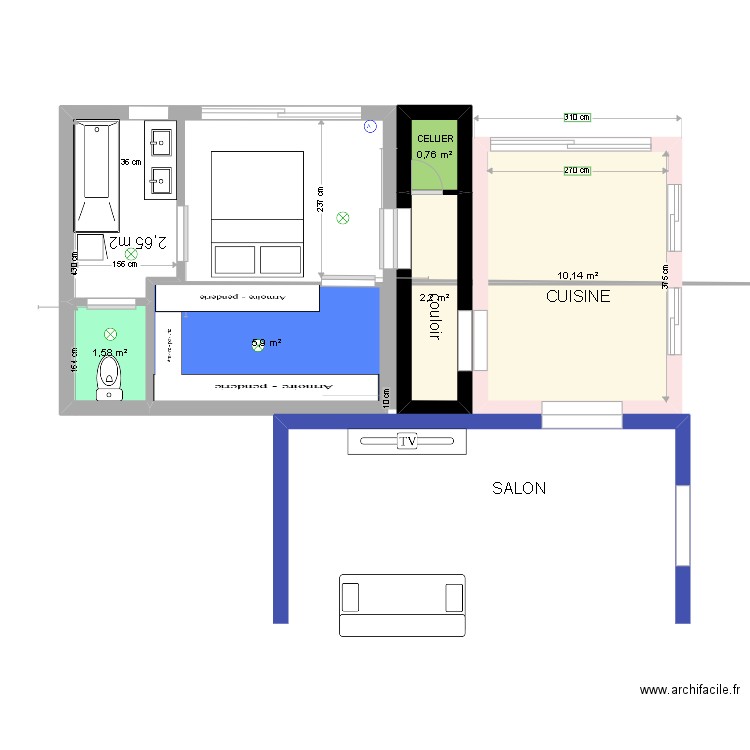 suite parental de mixte. Plan de 5 pièces et 21 m2