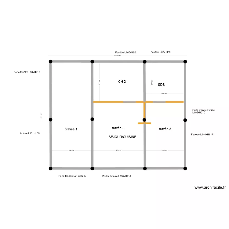  implantation pieux metal et poteaux &agrave; l int&eacute;rieur 80 m&sup2; sans les murs. Plan de 
