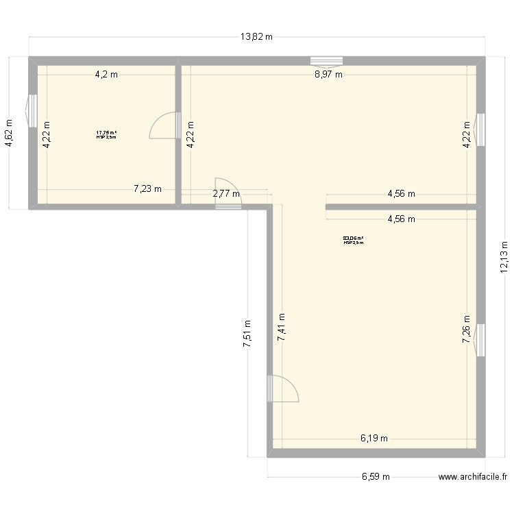 RDC. Plan de 2 pièces et 101 m2