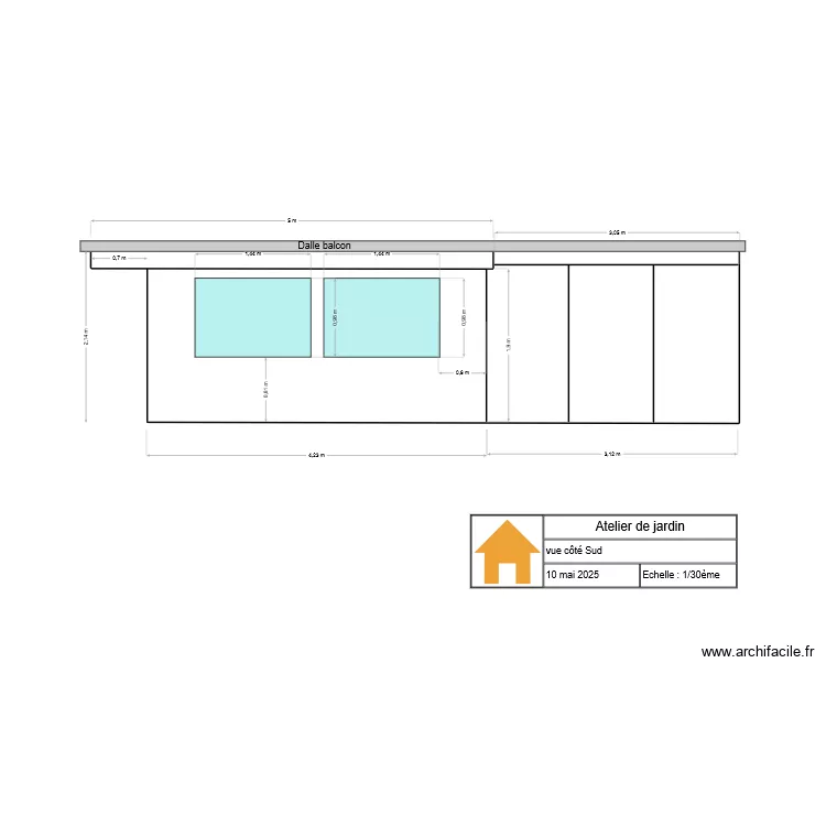 Atelier de jardin face Sud. Plan de 