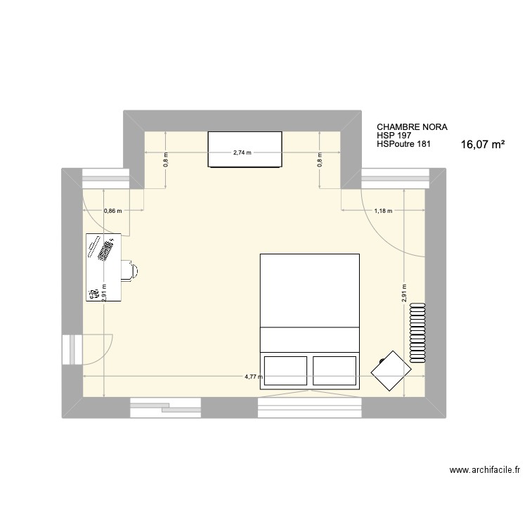 CHAMBRE NORA. Plan de 1 pièce et 16 m2