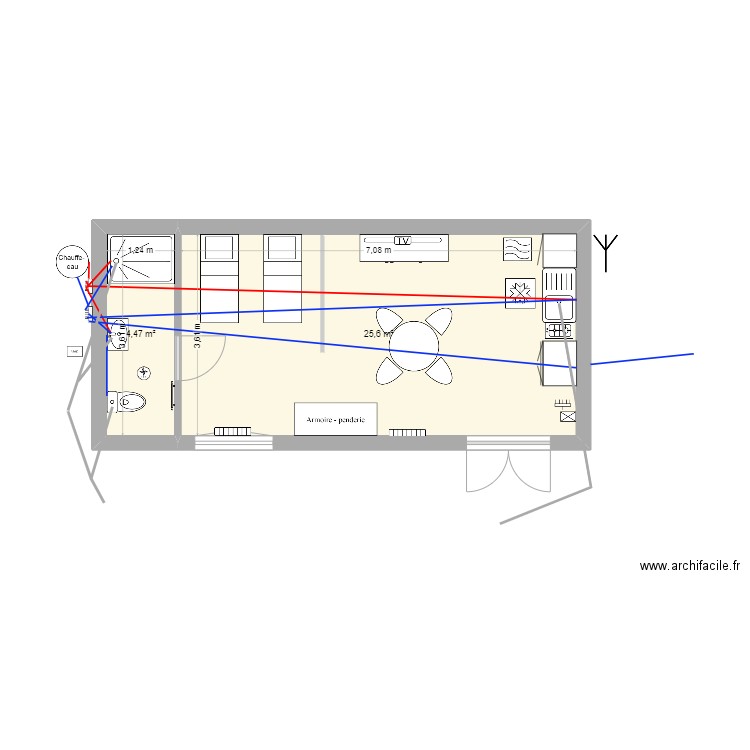 Cabanon plan fluides. Plan de 2 pièces et 30 m2