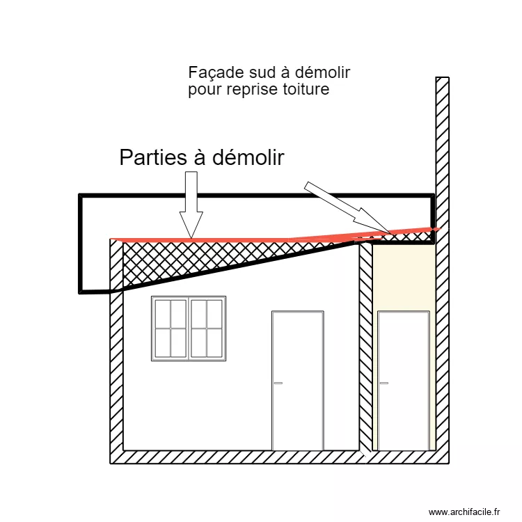 Fa&ccedil;ade sud &agrave; d&eacute;molir pour reprise toiture. Plan de 