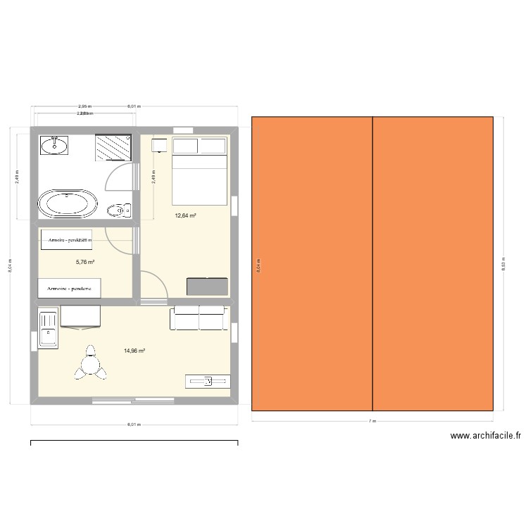aung. Plan de 3 pièces et 33 m2