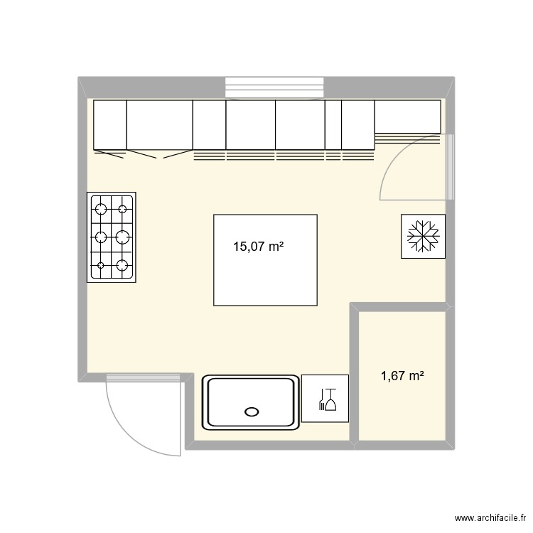 Cuisine. Plan de 2 pièces et 17 m2