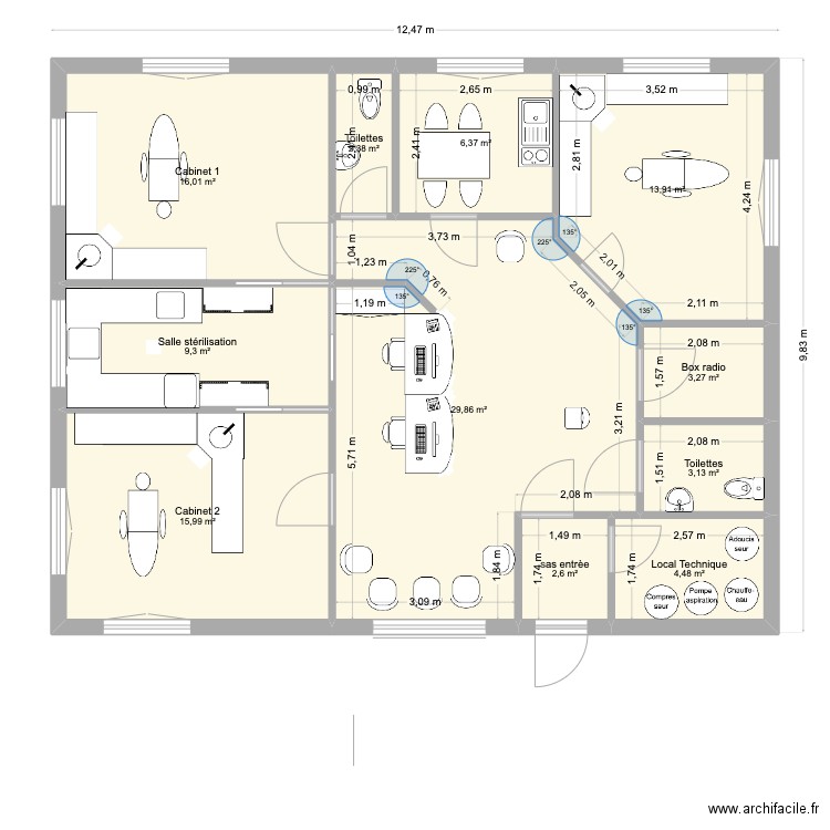 Cabinet dentaire 2. Plan de 11 pièces et 107 m2
