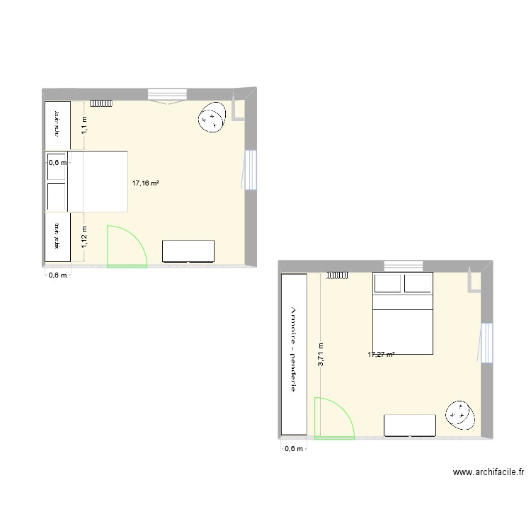Grande chambre. Plan de 2 pièces et 34 m2