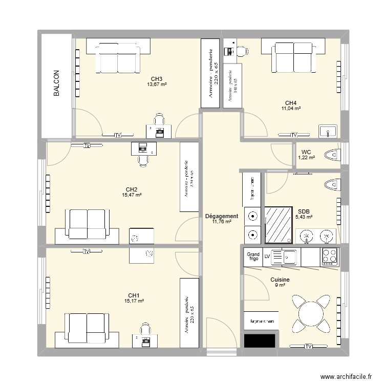 Coloc Camille & David - V2 sans Kitchenette. Plan de 9 pièces et 83 m2