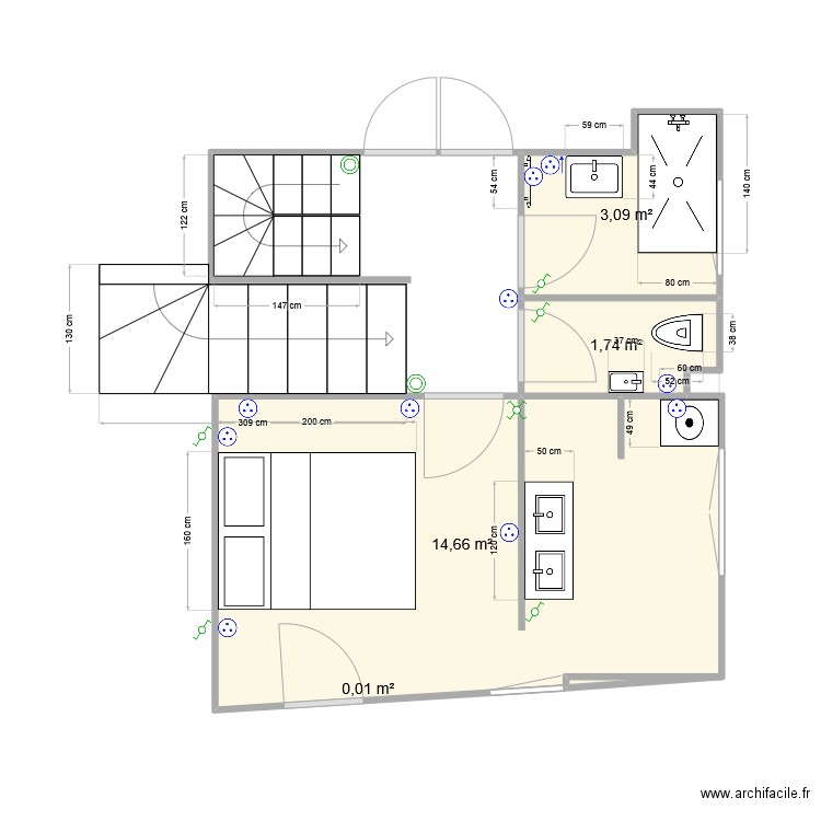 Travaux Salle de bain, WC. Plan de 2 pièces et 12 m2