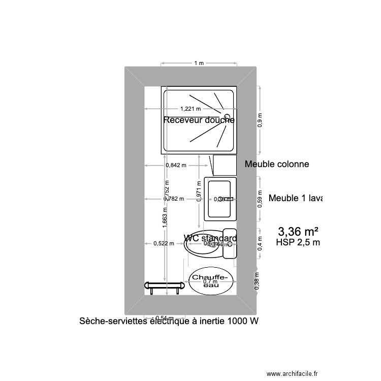 salle de bain. Plan de 1 pièce et 3 m2
