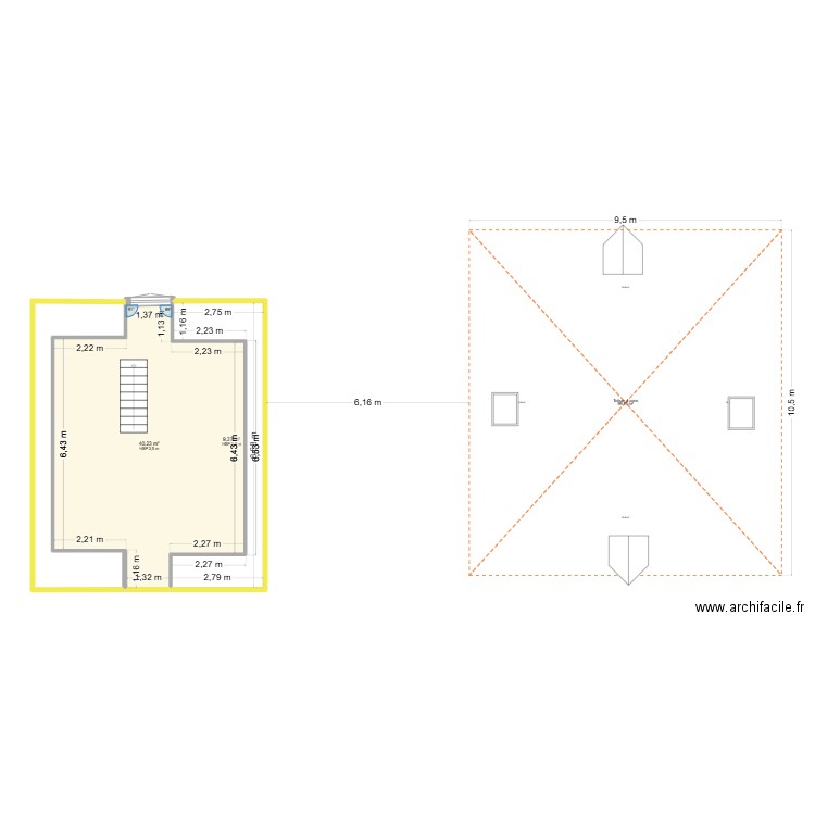 Aménagement grenier. Plan de 2 pièces et 50 m2