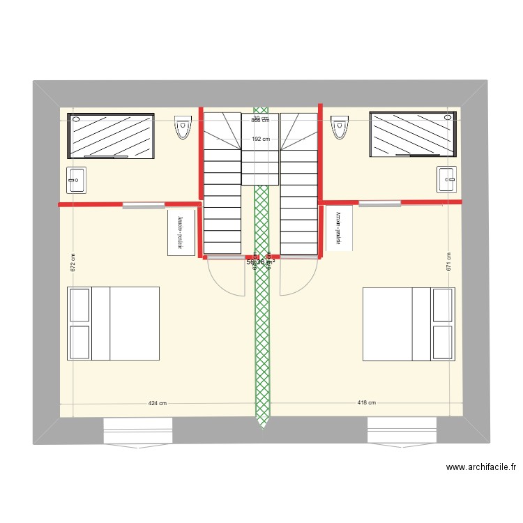 Plan étage avec un escalier central bifurqué asymétrique. Plan de 1 pièce et 56 m2