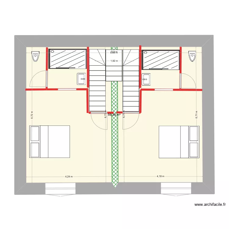 Plan étage avec un escalier central bifurqué asymétrique. Plan de Plan étage avec un escalier central bifurqué asymétrique. Plan de