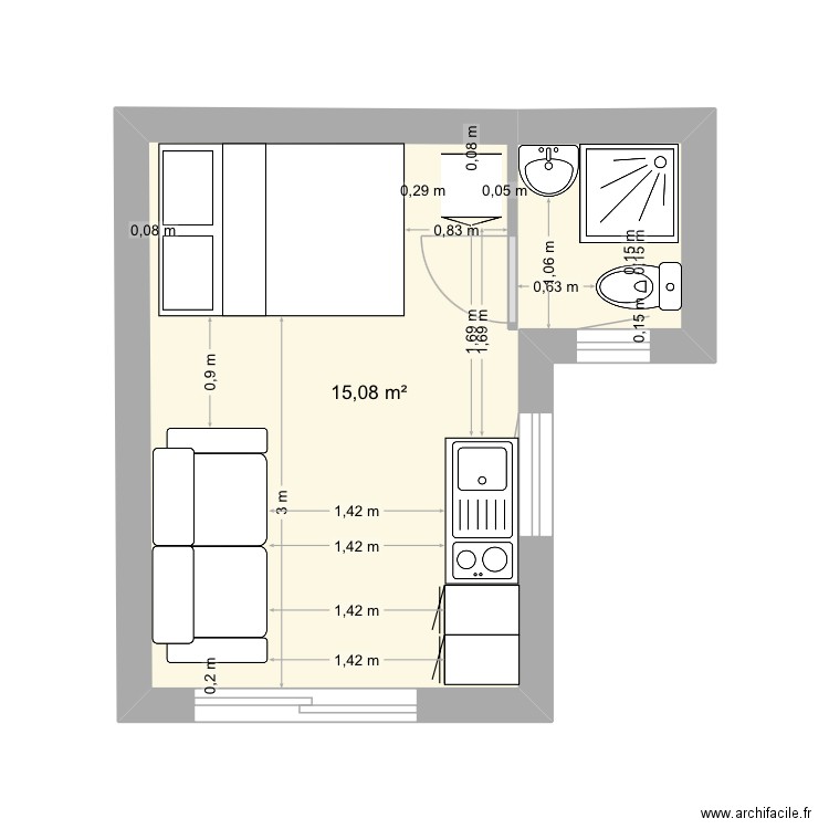 Annexe Jardin_couchage. Plan de 1 pièce et 15 m2