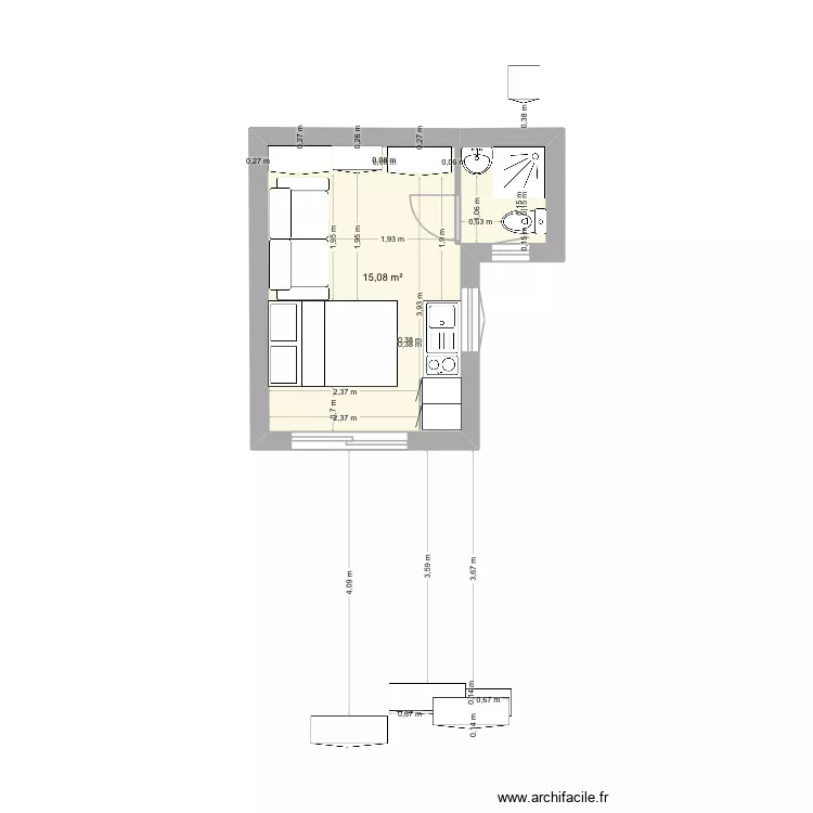 Annexe Jardin_couchage. Plan de 1  et 15 m²
