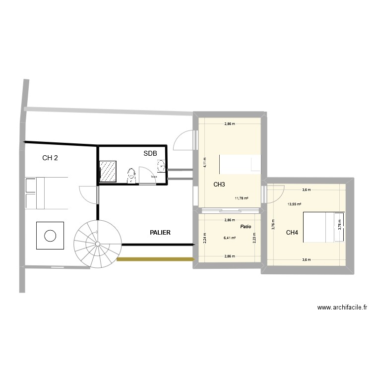 EtageSupérieur. Plan de 3 pièces et 32 m2