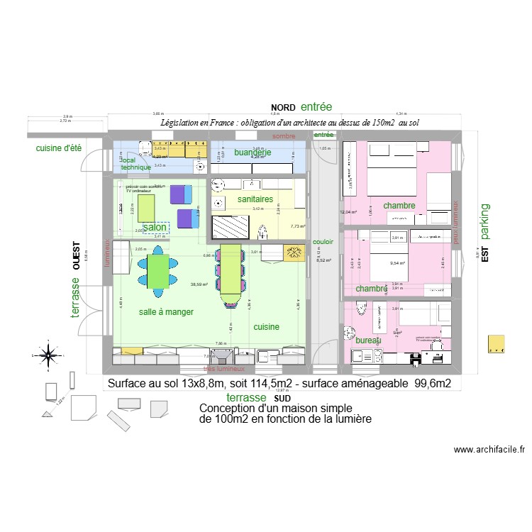 Maison Sud 100m2 10. Plan de 8 pièces et 94 m2