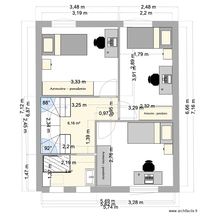 étage douche. Plan de 2 pièces et 9 m2