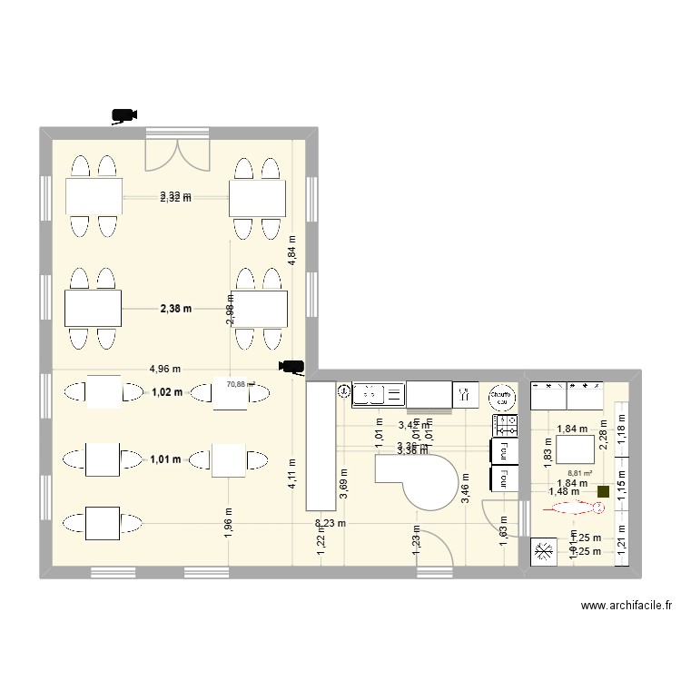scene de crime. Plan de 2 pièces et 80 m2