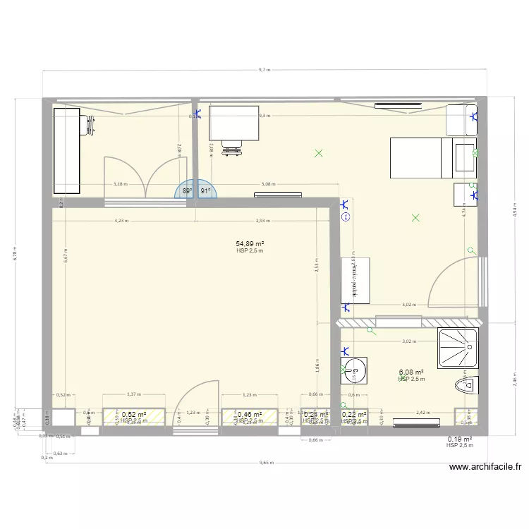 Bloc infirmerie. Plan de 7  et 63 m²