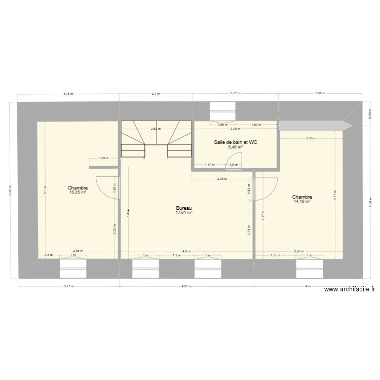 R+1. Plan de 6 pièces et 56 m2