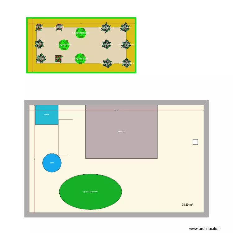 Jardin. Plan de 2  et 76 m²