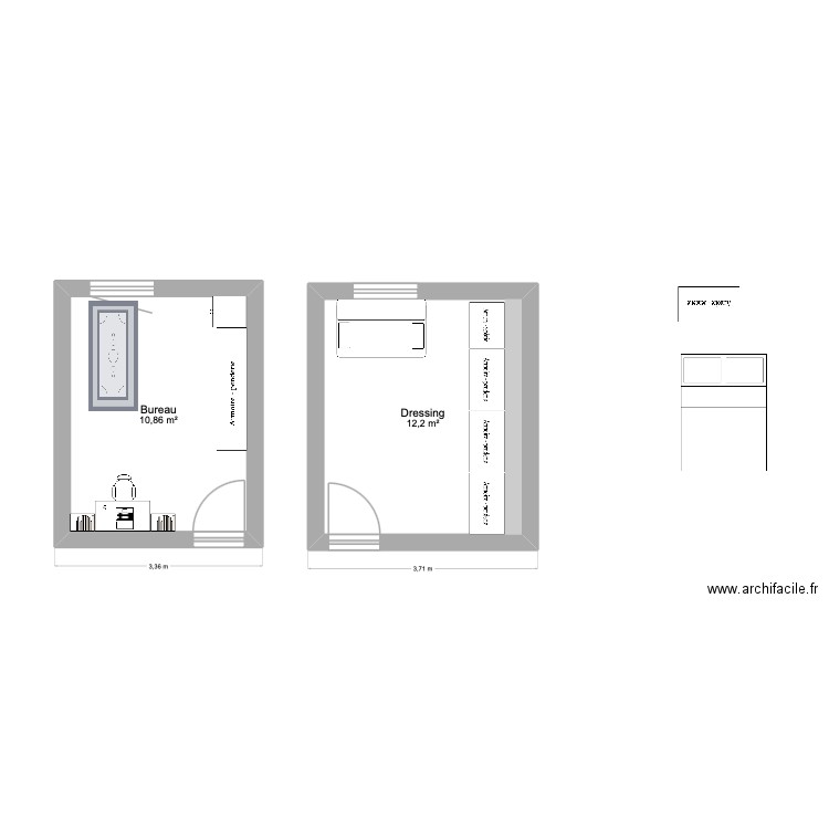 Dressing. Plan de 2 pièces et 23 m2
