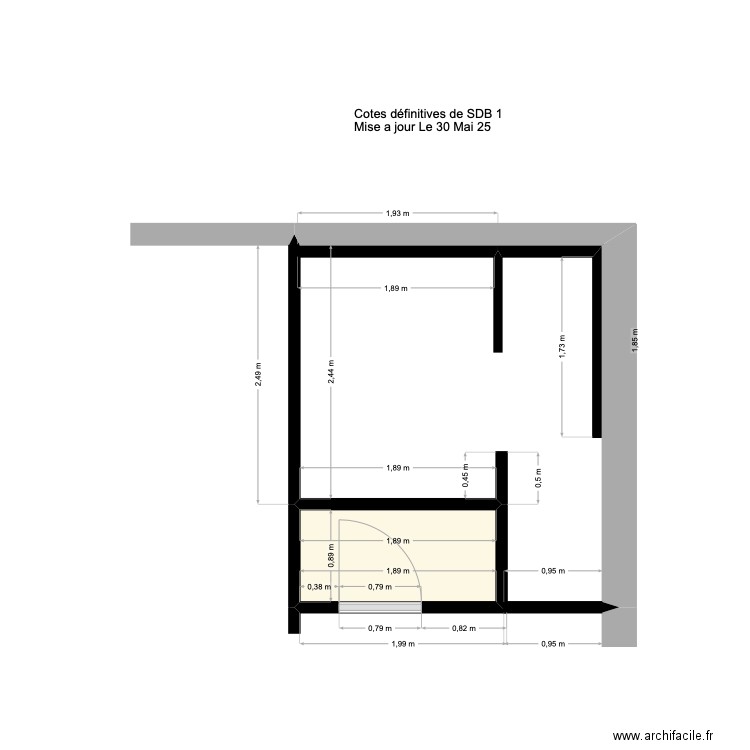 Cotes salle de bain réelles. Plan de 1 pièce et 2 m2