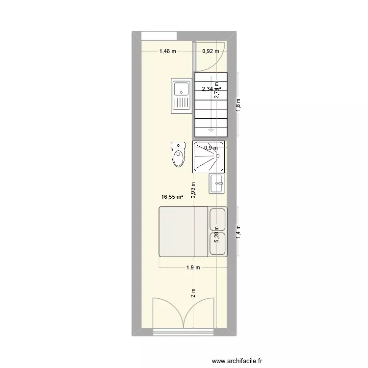 Studio. Plan de 2 Pièces et 19 m²