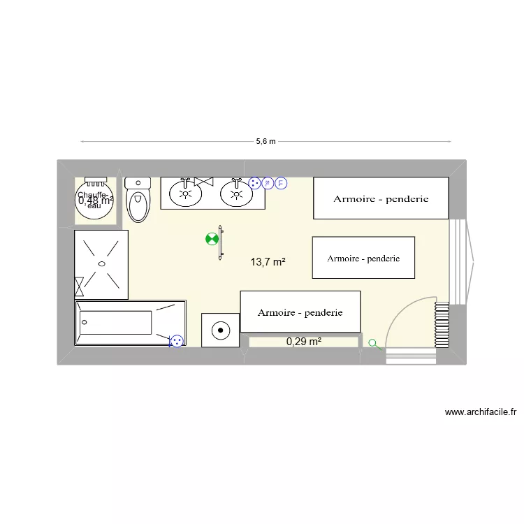 sdb paradis V6 alt. Plan de 3 pièces et 14 m²