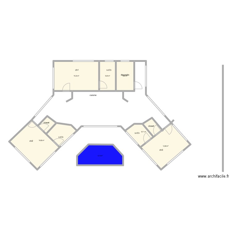 maison f 3. Plan de 7 pièces et 74 m2