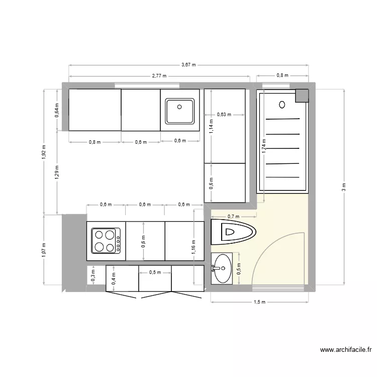 passage. Plan de 2  et 3 m²