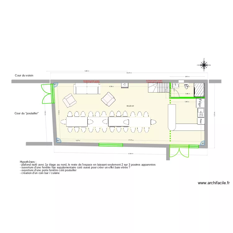 Platane Maison verte RdC futur v7. Plan de 1  et 64 m²