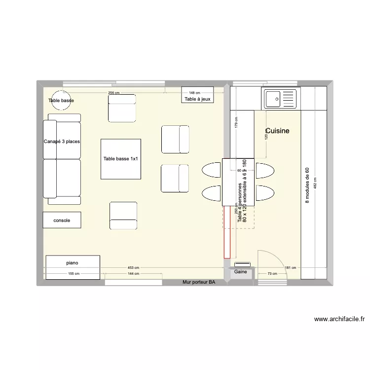 Cuisine en U sans porte. Plan de 