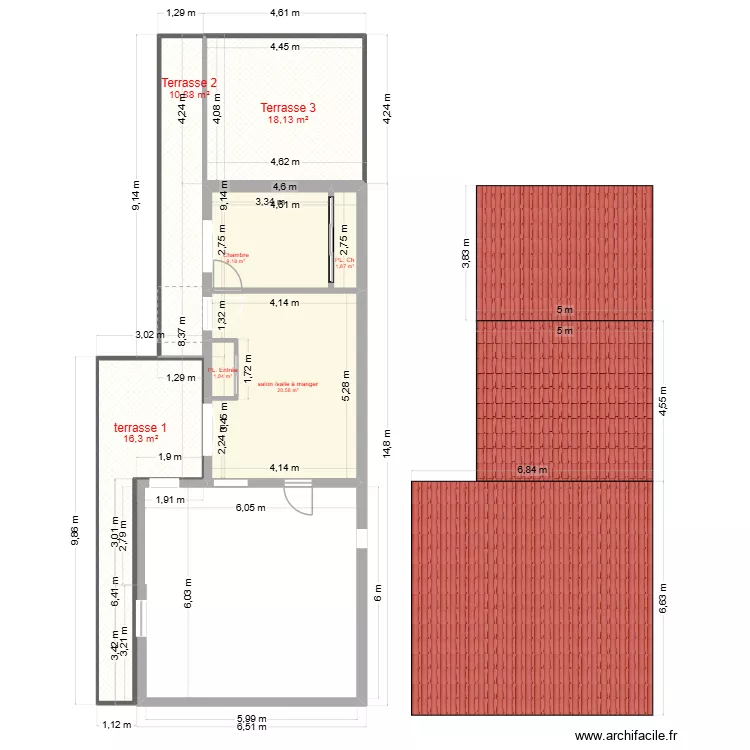 Plan avec c&ocirc;tes Final ma&ccedil;onnerie et toiture. Plan de 