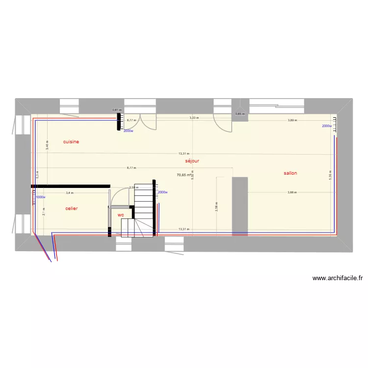 RDC radiateur. Plan de 1  et 71 m²