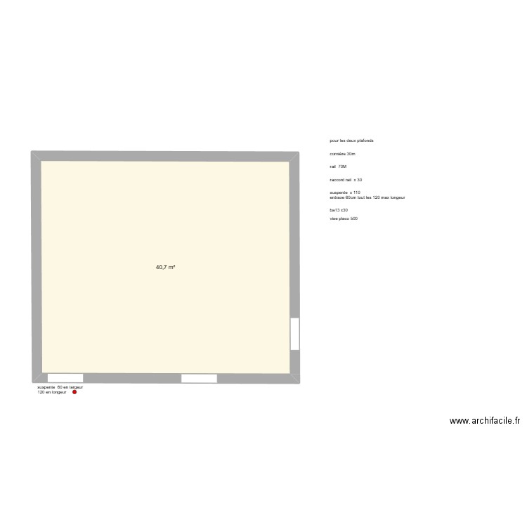 rdc Sonnac salon  pose  ba13 mur. Plan de 1 pièce et 41 m2