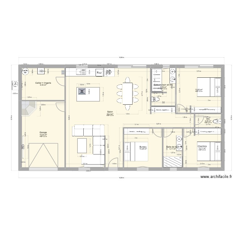 MAISON PLAIN PIED 130 M2 RECTANGLE 3 CHAMBRES 2SB V3. Plan de 9 pièces et 132 m2