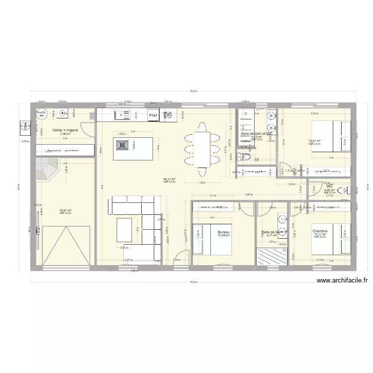 MAISON PLAIN PIED 130 M2 RECTANGLE 3 CHAMBRES 2SB V3. Plan de 