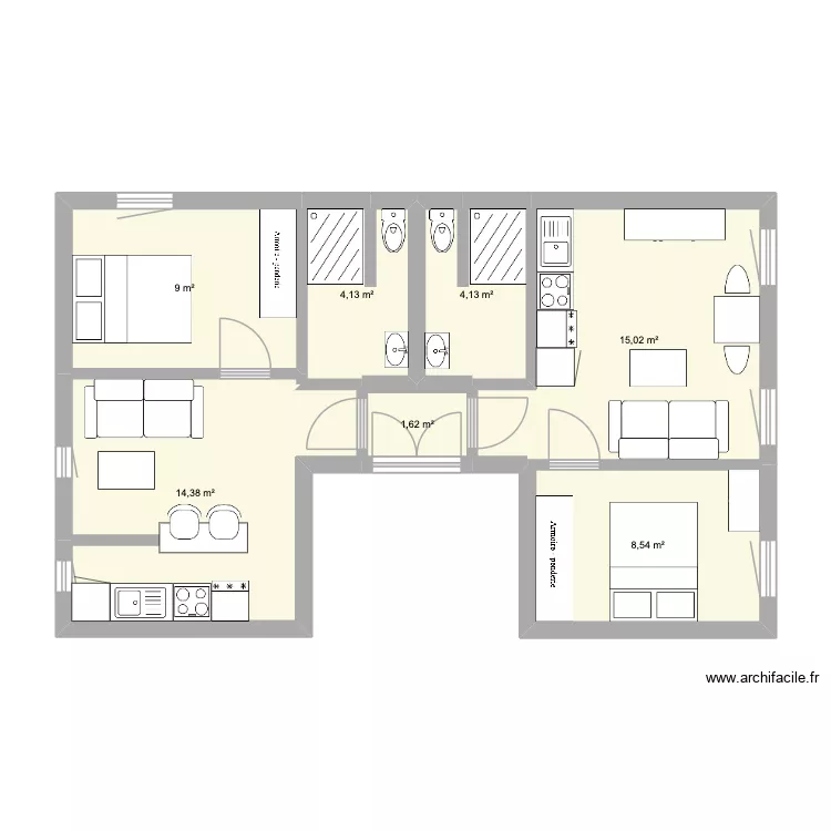 Appart Lodi apr&egrave;s division. Plan de 7  et 57 m²