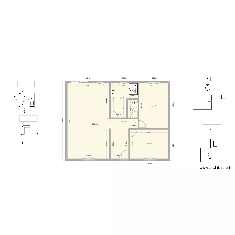 Plain pied. Plan de 5  et 79 m²