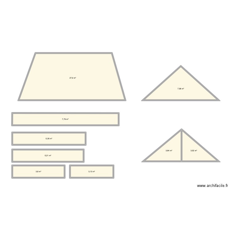 surface toiture. Plan de 9 pièces et 68 m2