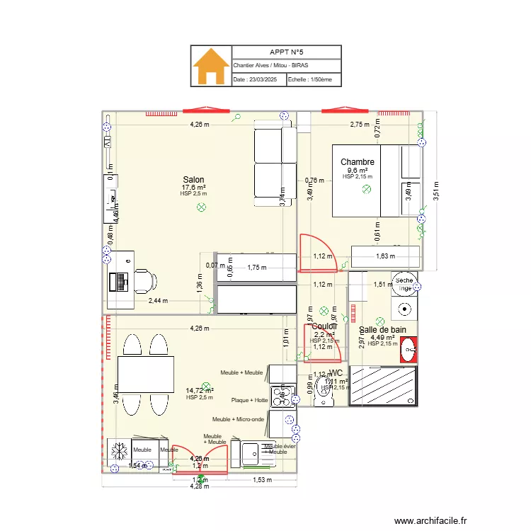 APPART N&deg;5 pi&egrave;ces am&eacute;nag&eacute;es 23 03 25. Plan de 7  et 51 m²