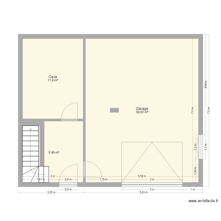 turriers sous sol. Plan de 3 pièces et 60 m2