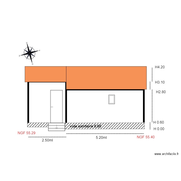 Facade OUEST                 chalet 59. Plan de 1 pièce et 9 m2