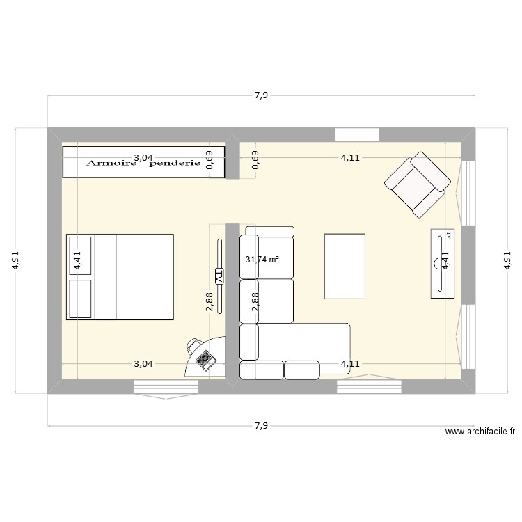 SEJOUR 2. Plan de 1 pièce et 32 m2