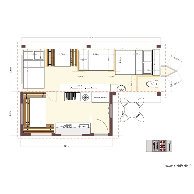 Caravane 3. Plan de 4 pièces et 30 m2