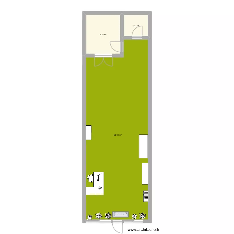 Magasin. Plan de 3  et 75 m²